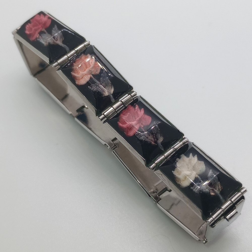 Vintage Resin Black Floral Link Bracelet Pink Unique Roses Silver Tone Metal 3D